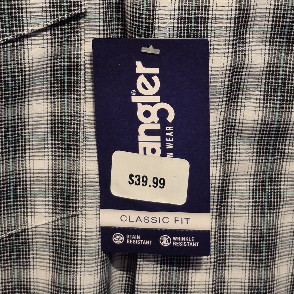 NWT LARGE TALL Luxury Wrangler Western Men's Black & White Plaid Shirt - Picture 8 of 15